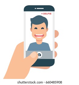 Man Taking Selfie Photo on Smart Phone.