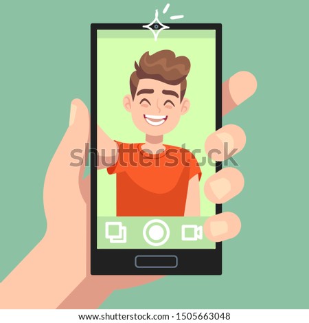 Man taking selfie photo on smartphone. Smiling male character making selfie photo with smartphone camera in hand flat vector happy portrait and cute photography self concept