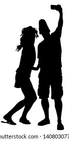 Man taking selfie picture vector silhouette illustration isolated on white background. taking selfie - hand hold mobile phone. Girlfriend and boyfriend couple in love smiling on phone camera selfie.