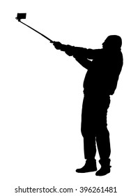 Man taking selfie picture vector silhouette illustration isolated on white background. taking selfie - hand hold monopod with mobile phone.
