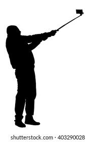 Man taking selfie picture vector silhouette illustration isolated on white background. 