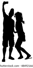 Man taking selfie picture vector silhouette illustration isolated on white background. taking selfie - hand hold mobile phone. Girlfriend and boyfriend couple in love smiling on phone camera selfie.