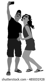 Man taking selfie picture vector silhouette illustration isolated on white background. taking selfie - hand hold mobile phone. Girlfriend and boyfriend couple smiling on the phone camera, selfie time.