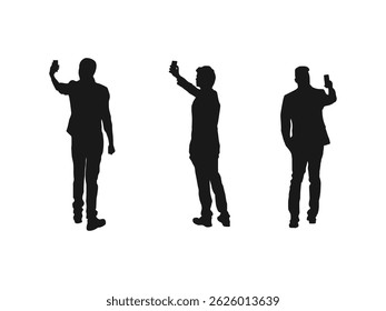 man taking selfie silhouettes set. silhouettes of people taking selfies. man taking selfie of holding and talking on mobile phone. Silhouettes man taking selfie with smartphone on white background.