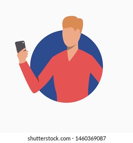Man taking selfie with smartphone. Device, mobile phone, businessman. Communication concept. Vector illustration can be used for topics like business, technology, connection