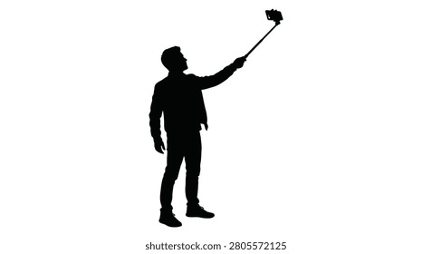 Man Taking Selfie With Smartphone And Monopod Black Silhouette