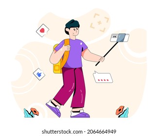 Mann, der ein Selfie aus eigenem Stick nimmt, flache Illustration 
