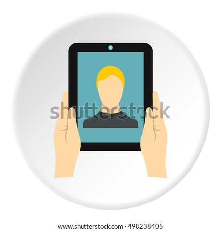 Man taking selfie using tablet icon. Flat illustration of tablet vector icon for web design