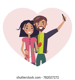 Man taking selfie while girlfriend holding flower gifted by boyfriend, love poster and heart frame, leisure of couple, isolated on vector illustration