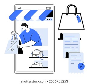 Man taking shopping bags from mobile, product images like shoes and handbag, large shopping bag with tag, and receipts. Ideal for e-commerce, online retail, shopping apps, digital marketing