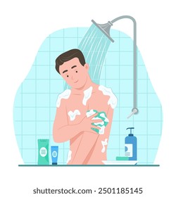 Man Taking a Shower in Bathroom for Healthcare Concept Illustration