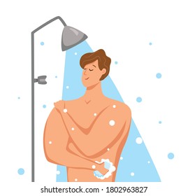 Man Taking Shower In Bathroom. Vector Illustration Of Happy Guy Washing Himself With Shampoo And Soap. Bath Morning Hygiene Procedure Concept  Of Person Cleaning  Head, Hair, Body Under Hot Water. 