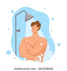 Man Taking Shower In Bathroom. Vector Illustration Of Happy Guy Washing Himself With Shampoo And Soap. Bath Morning Hygiene Procedure Concept Of Person Cleaning Head, Hair, Body Under Hot Water.