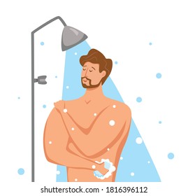 Man Taking Shower In Bathroom. Vector Illustration Of Happy Guy Washing Himself With Shampoo And Soap. Bath Morning Hygiene Procedure Concept Of Person Cleaning Head, Hair, Body Under Hot Water.