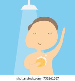 Man  taking shower in the bathroom.Vector illustration