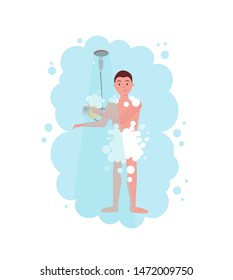 Man Taking A Shower In A Cloud Of Blue Steam. Isolated Art On White Background. Flat Cartoon Vector Illustration. Guy With A Soapy Sponge In His Hands.