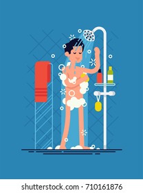 Man taking shower. Cool vector flat design illustration on daily routine with confident male character covered in soap foam having a shower in bathroom. Morning routine concept layout