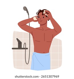Homem tomando banho em casa de banho, lavar o cabelo com espuma de shampoo e bolhas, cena de rotina de higiene masculina diária. Cara de toalha de pé, cabeça de esfregar e desenho animado sorrindo ilustração vetor