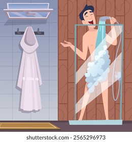 man taking shower. people singers in bathing room. cartoon background