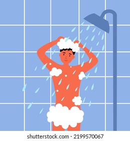 Man taking shower and shampoo his hair in bathroom vector illustration.