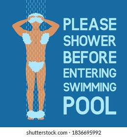 Man taking shower . Sign please take shower before the swimming pool