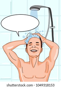man taking a shower and speech  bubble
