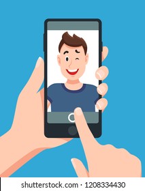 Man taking smartphone selfie portrait. Touching telephone and take photo, teenage making faces and looking at cellphone. Take mobile photographs with hand cartoon vector illustration