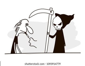 Man taking. Man smoking. Smoker think about death. Grim Reaper.