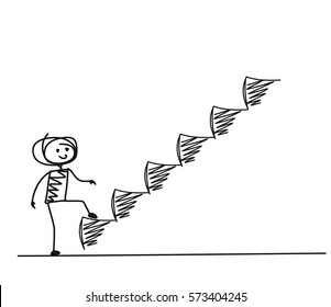 Man Taking Step or Achievement, Cartoon Hand Drawn Vector Background.