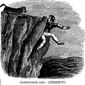 A man taking support of cliff and wolf chasing him, vintage line drawing or engraving illustration