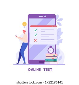 Man Taking University Exam Remotely And Temporarily. Student Writing Test. Concept Of Online Exam, Online Survey, Testing, E-learning. Vector Illustration In Flat Design For UI, Banner, Mobile App