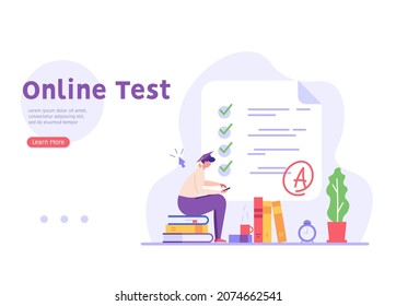 Man Taking University Exam Remotely And Temporarily. Student Writing Test. Concept Of Online Exam, Online Survey, Testing, E-learning. Vector Illustration In Flat Design For UI, Banner, Mobile App