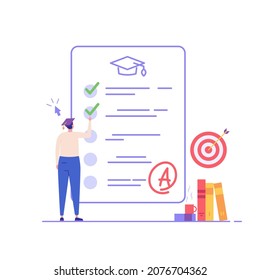 Man taking university exam remotely and temporarily. Student writing test. Concept of online exam, online survey, testing, e-learning. Vector illustration in flat design for UI, banner, mobile app