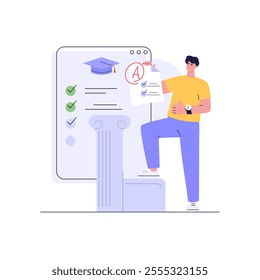 Man taking university exam remotely. Student successfuly writing test. Concept of online exam, online survey, testing, e-learning. Vector illustration in flat design for UI, banner, mobile app