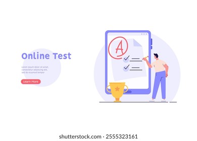 Man taking university exam remotely. Student successfuly writing test. Concept of online exam, online survey, testing, e-learning. Vector illustration in flat design for UI, banner, mobile app