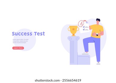 Man taking university exam remotely. Student successfuly writing test. Concept of online exam, online survey, testing, e-learning. Vector illustration in flat design for UI, banner, mobile app