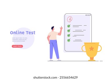 Man taking university exam remotely. Student successfuly writing test. Concept of online exam, online survey, testing, e-learning. Vector illustration in flat design for UI, banner, mobile app