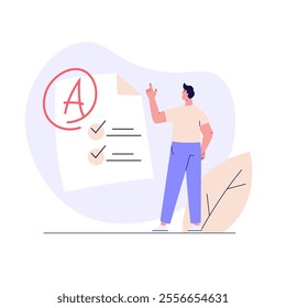 Man taking university exam remotely. Student successfuly writing test. Concept of online exam, online survey, testing, e-learning. Vector illustration in flat design for UI, banner, mobile app