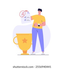 Man taking university exam remotely. Student successfuly writing test. Concept of online exam, online survey, testing, e-learning. Vector illustration in flat design for UI, banner, mobile app