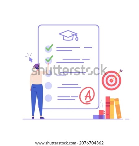 Man taking university exam remotely and temporarily. Student writing test. Concept of online exam, online survey, testing, e-learning. Vector illustration in flat design for UI, banner, mobile app