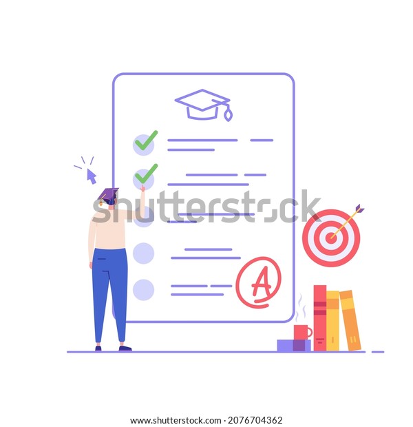 Man taking university exam remotely and temporarily.\
Student writing test. Concept of online exam, online survey,\
testing, e-learning. Vector illustration in flat design for UI,\
banner, mobile app