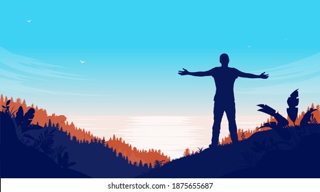 Man taking in the view of seascape - Silhouette of male person with arms out in nature landscape. Freedom and carefree concept. Vector illustration.