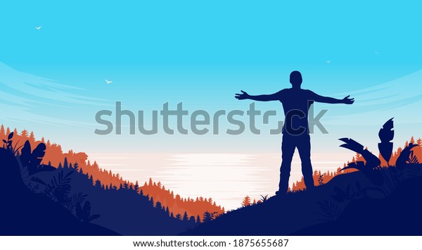 Man Taking View Seascape Silhouette Male Stock Vector (Royalty Free ...