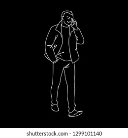 Man taking a walk and talking on the phone. Front view. Monochrome vector illustration of adult man in jacket walking in simple line art style. White lines isolated on black background. Concept.