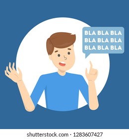 Man talk too much with speech bubble. Idea of gossip and communication. Talkative male character. Isolated flat vector illustration