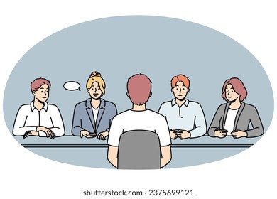 Man talk with recruitment team at interview in office. Male job candidate or applicant at employment talk. Hiring and HR. vector illustration.