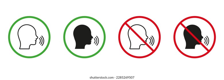Man Talk Red and Green Warning Signs. Please Keep Silence Line and Silhouette Icons Set. Allowed and Prohibited Speak Zone, Loud and Noise Area Pictogram. Isolated Vector Illustration.
