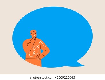 Homem fala ou fala através de mensagens online. Conceito de comunicação. Ilustração vetorial colorida