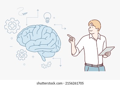 Man talking about the brain. Hand drawn style vector design illustrations.