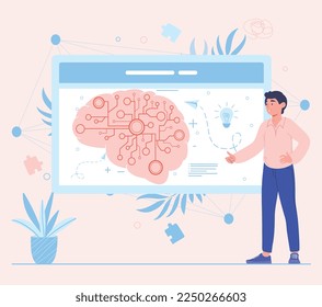 Man talking about brain. Young guy standing next to schmea and doing research. Logical thinking and schemes, scientific and medical experiment. Poster or banner. Cartoon flat vector illustration